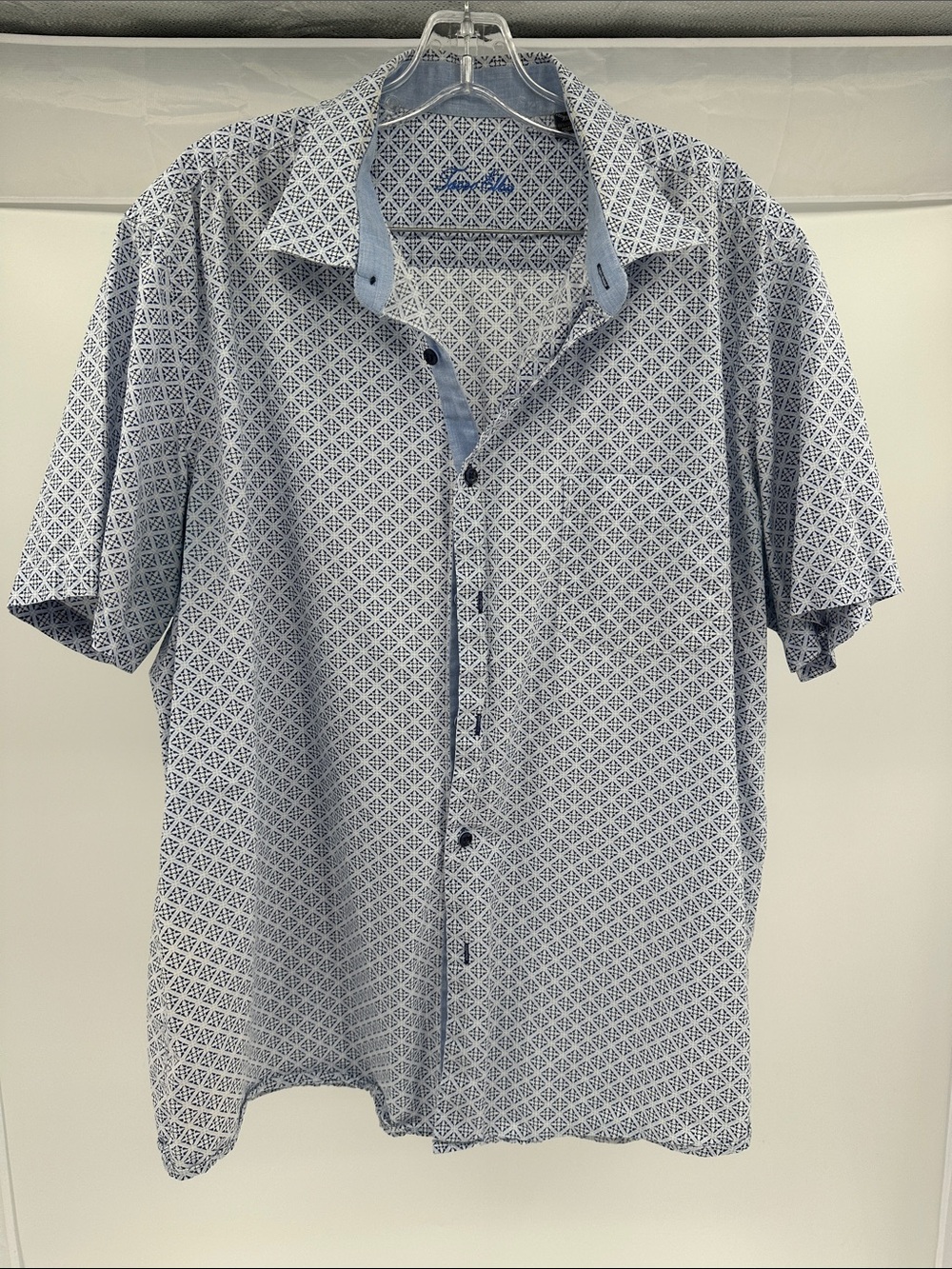 Tasso Elba Light Blue Geometric Button-Front Short Sleeve Shirt